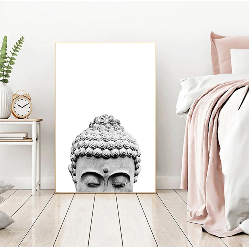 Wall Art Picture Painting Buddhism Home Decor Zen Buddha Head Statue Poster Motivational Quostes Canvas Print Minimalist