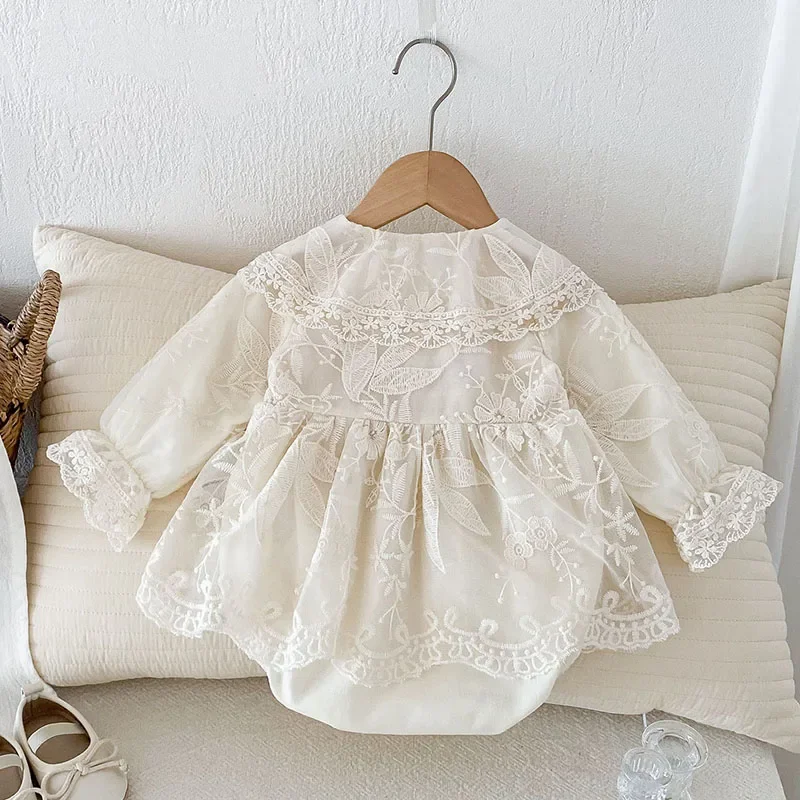 2024 New Autumn Newborn Baby Girls Bodysuits Long Sleeved Cotton Lace Splicing Infant Baby Girls Jumpsuit 0-24M Children Clothes