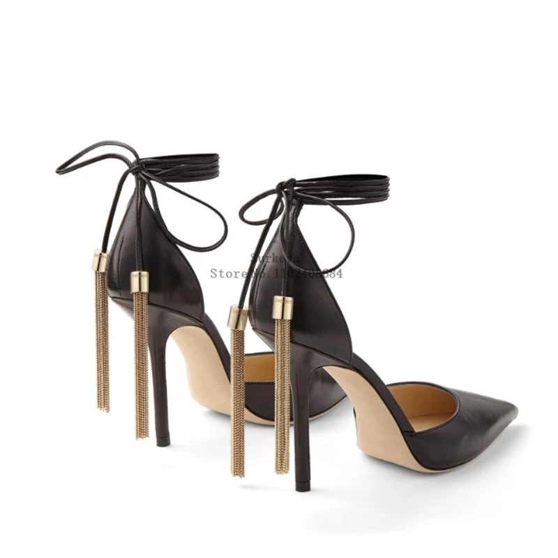 

Gold Platform Buckle Strap Sandals Pointed Toe Thin High Heels Lace Up Shoes Crystal Tassels Hanging Pumps Luxury Wedding Shoes