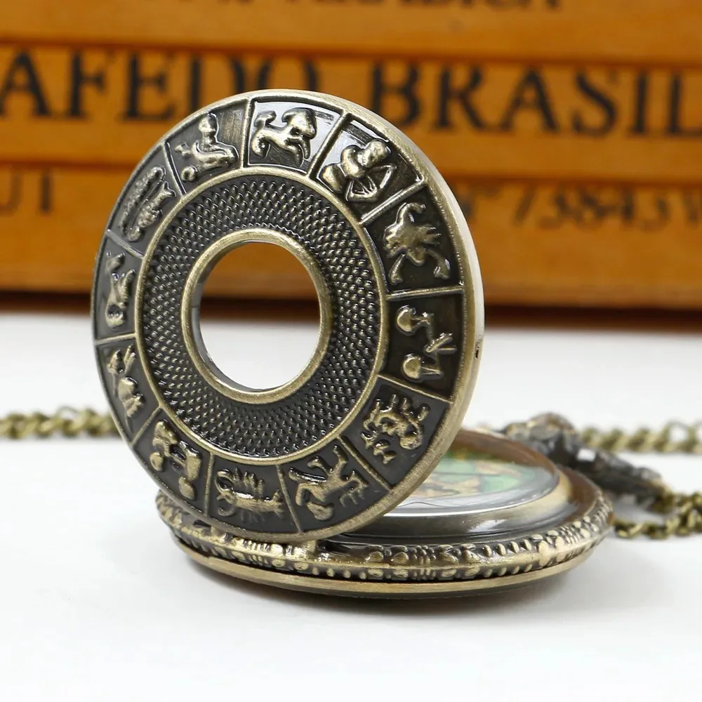 황동 레트로 석영 주머니 시계 조디악 릴리프지도 다이얼 남성과 여성 목걸이 시계 Steampunk 패션 선물 액세서리