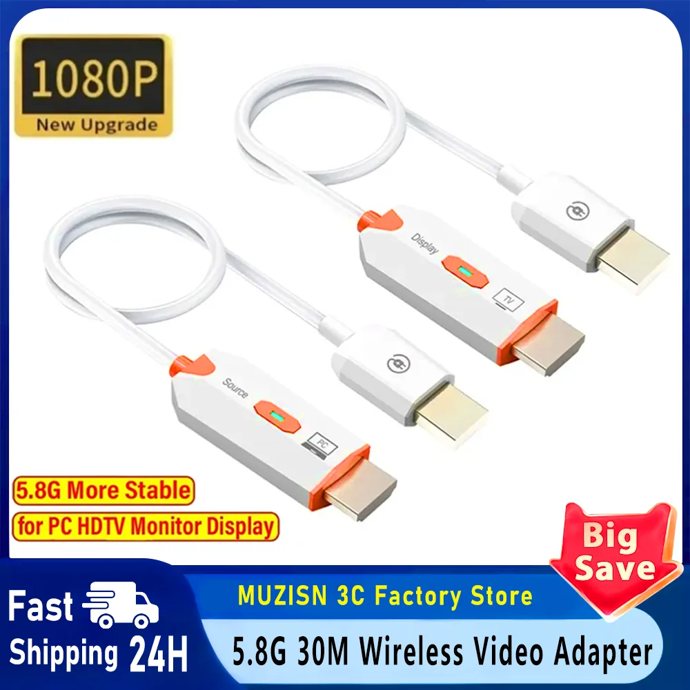 30M 5.8G 1080P Wireless Video Audio Transmitter HDMI-Compatible Receiver Extender Display Dongle for TV Box Monitor Projector PC