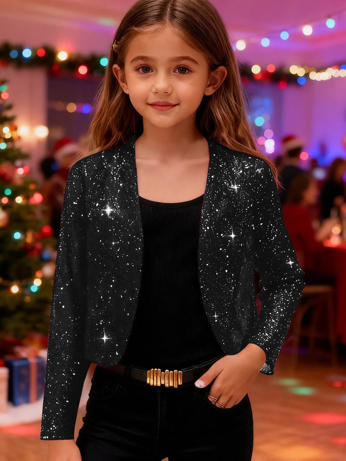 Girls Glitter Sequins Jackets Elegant Slim Fit Long Sleeve Open Front Cardigan For Festival Club Party Kids Dress Shawl Outwear