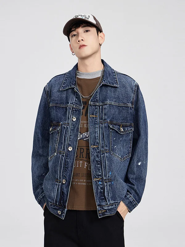 

American High-End Splaed Ink Workwear Denim Jaet Men's Spring Autumn Trendy Vintage Rusted Lapel Loose Jaet Top