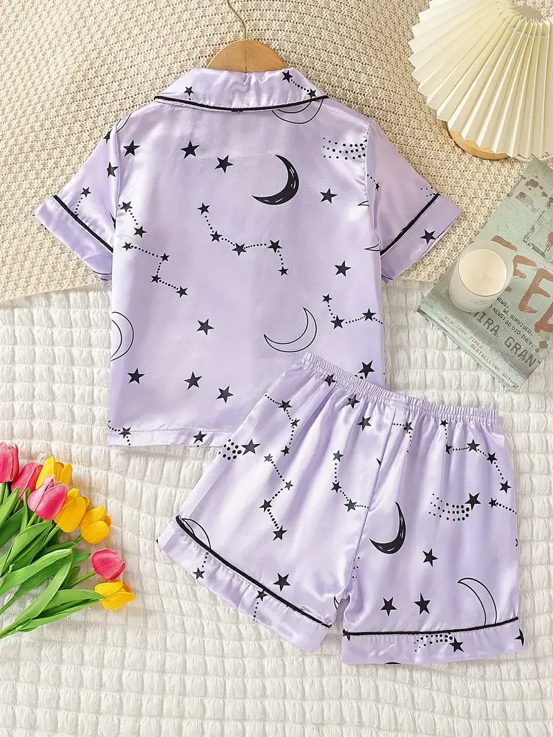 2-piece girls comfortable pajamas family suit star print V-neck button short-sleeved blouse and elastic waist shorts children sp