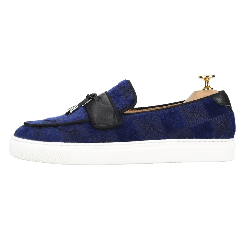 Piergitar Navy Checkered Pattern Velvet Slip-On Sneakers With Handcrafted Leather Fringes Height Increase Bottom Men Boat Shoes
