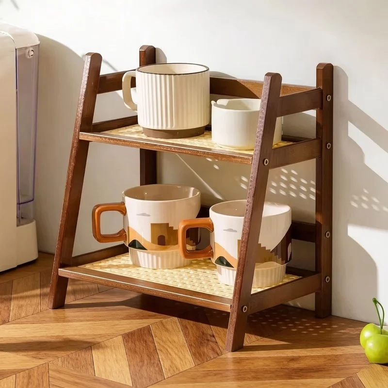 2-Tier Bamboo Countertop Organizer Multipurpose Coffee Cup Holder Shelf For Kitchen Dressing Table Home Hotel Apartment