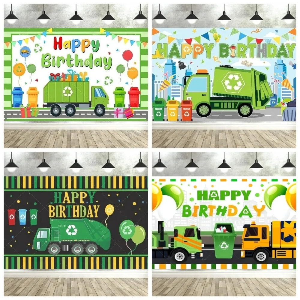 Garbage truck environmental theme birthday banner photography background, children's green garbage truck banner background props
