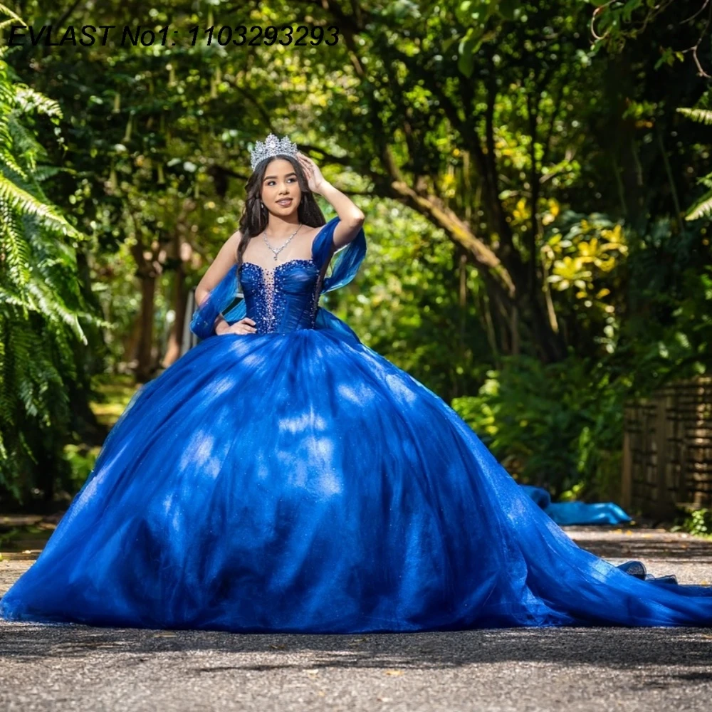 

EVLAST Customized Shiny Royal Blue Ball Gown Quinceanera Dress Crystal Applique Beading Bow Sweet 16 Vestidos De 15 Anos E1QN303