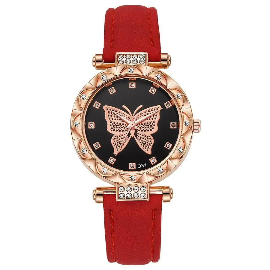 Comercio exterior nuevo diseño listado reloj de cuero esmerilado serie mariposa relojes de mujer con diamantes de imitación