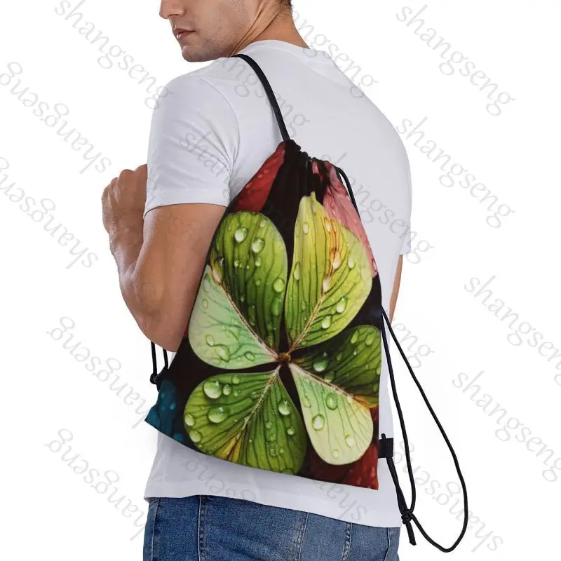 Drawstring Bag Sports Backpack Bundle Pocket Basketball Bags Boy Birthday Christmas Shoe Sports Bag leaf clover Shamrock flowers