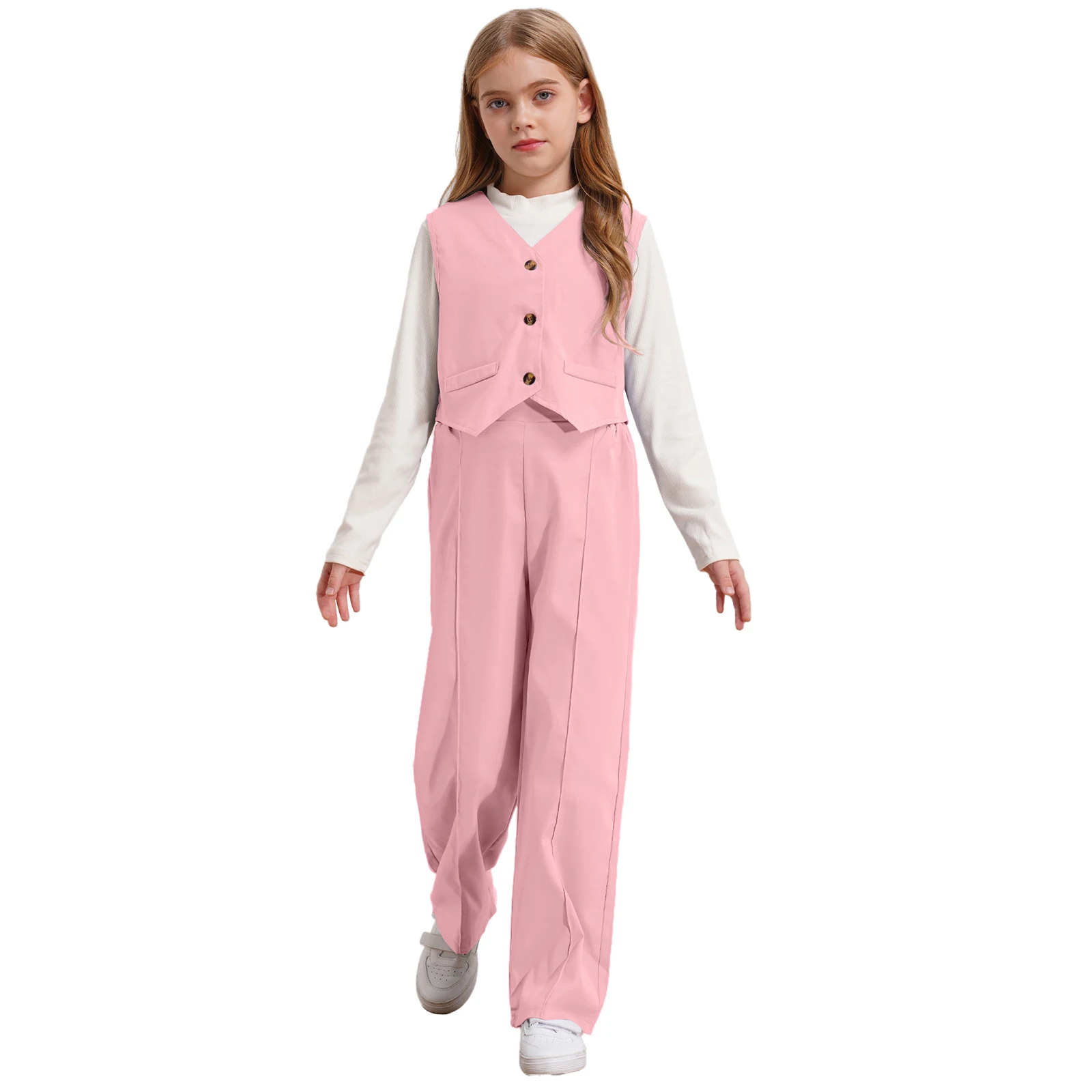 

Girls Formal Suit School Banquet Party Outfit Sleeveless Vest Waistcoat with Long Sleeve Tops And Elastic Waistband Pants Set