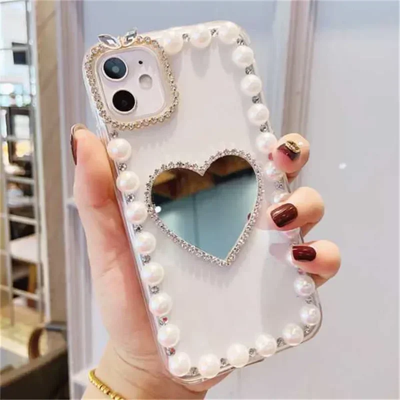 Luxury Love Heart Makeup Mirror Bling Diamond Case For Xiaomi Redmi 9A 9C Note8 9 Pro Note10S Note11 Pro 12 Pro Cover Funda