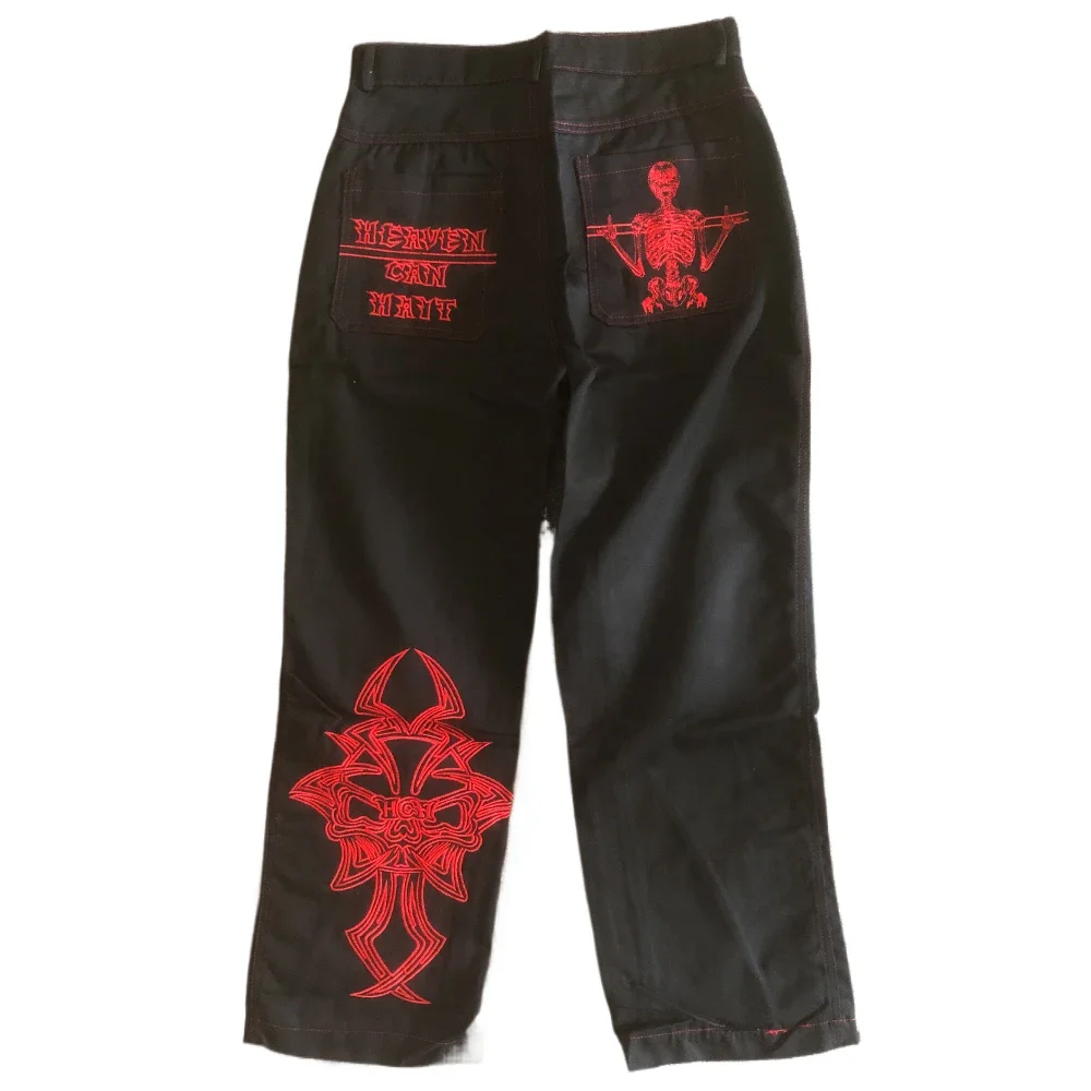 

Pop Y2K Retro Skull Embroidery Baggy Jeans Men Women Streetwear Hip Hop Straight Casual Loose Wide Leg Punk Black Denim Cargo Pa