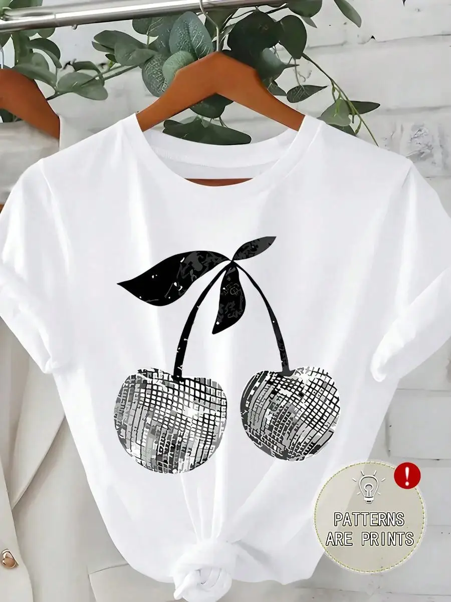 Women s Plus Size Disco Cherry Graphic Tee Cute Short Sleeve White T-Shirt