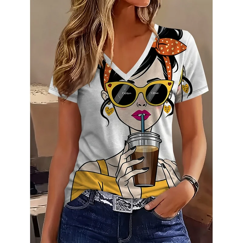 Women's Retro-Style V-Neck Short-Sleeve T-Shirt - Bold Vector Illustration Print - Playful Chic Figure Vibrant Colors Minimalist