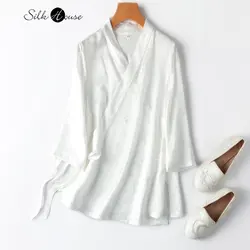 Joyful Eyebrow Tip Improved Hanfu Silk Jacquard Sangbo Satin National Style Cross Collar 7/4 Sleeve Women's Fashion Coat Shirt