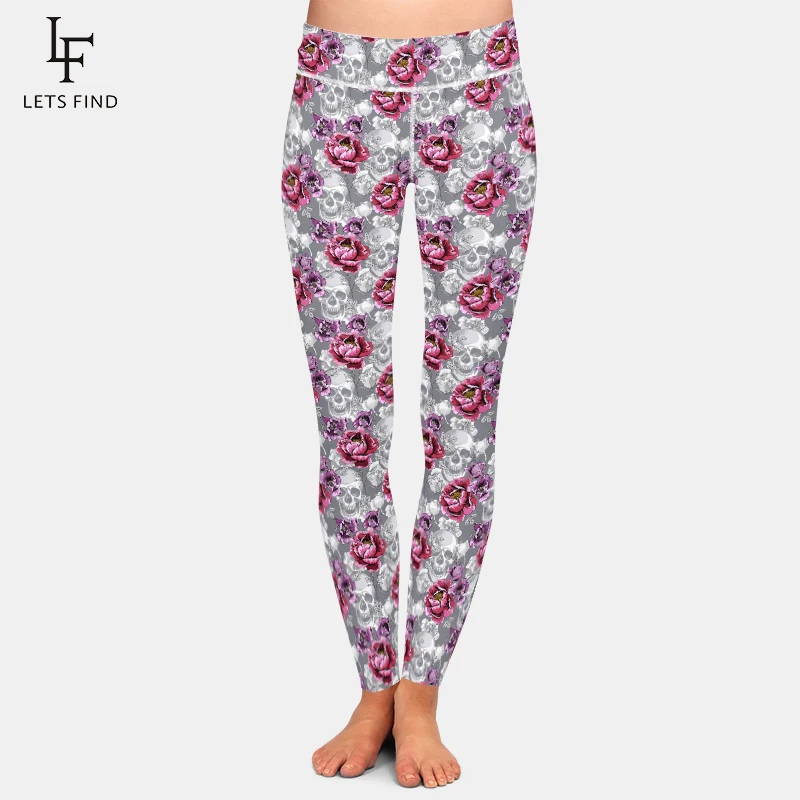 

LETSFIND Super Soft High Waist Women Pants Pink Peony Violet Tulips Flowers and Skulls Print Fitness Sexy Slim Stretch Leggings