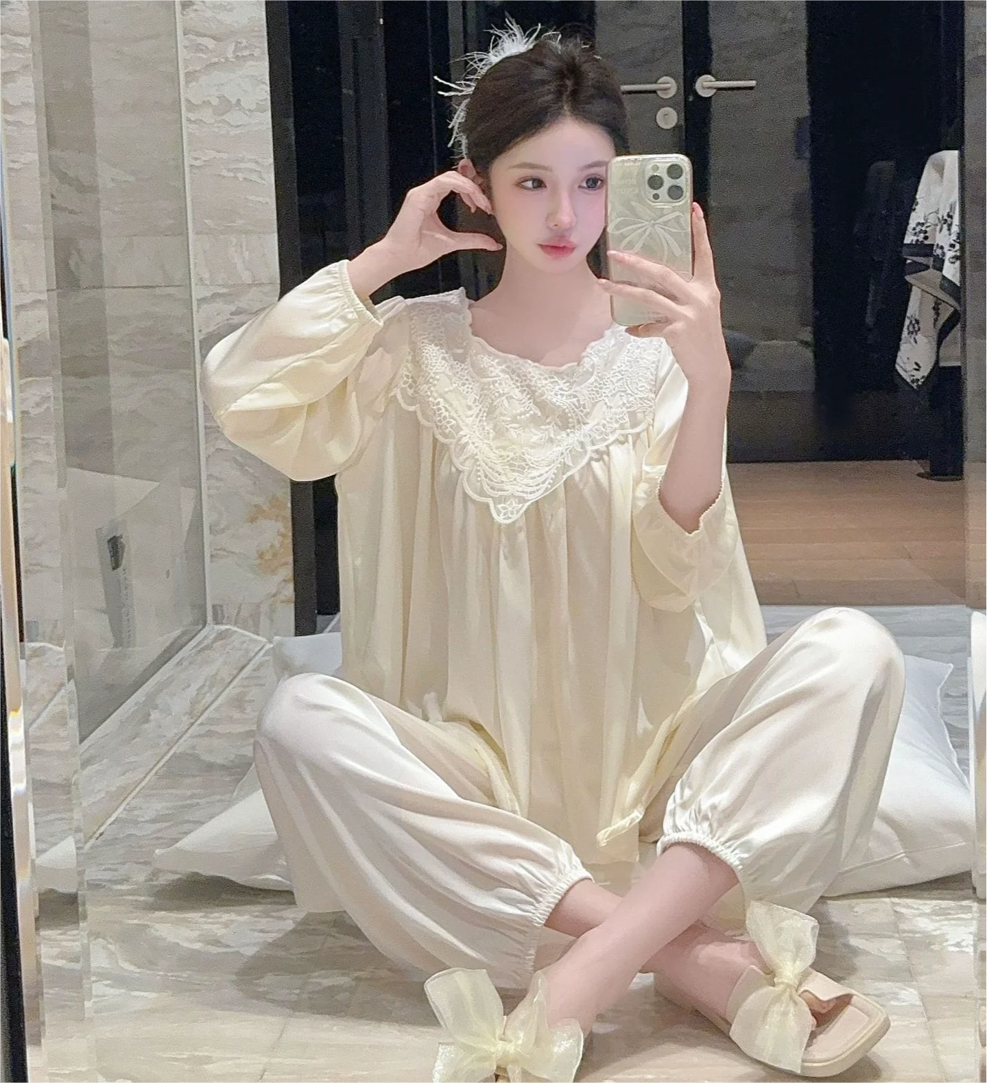 Plus Size Pajamas Korean Style Vintage Silk Satin Nightwear Women Spring Summer Soft Lace Loose Elegant Long Sleeve Pants Set