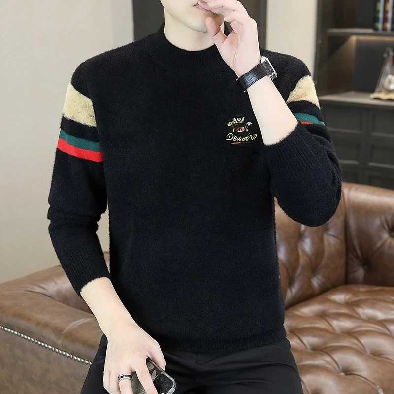 Luxury Knitted Jacquard Sweater Men Autumn Long Sleeve Slim Casual Round Neck Knitted Pullover Social Knitwear Tops Men Clothing