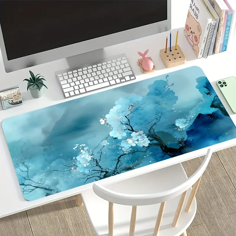 

Коврик для мыши в стиле синей чернильной росписи с цветочным узором, художественный коврик для мыши с нескользящей резиновой основой и прошитыми краями, настольный коврик для работы и игр