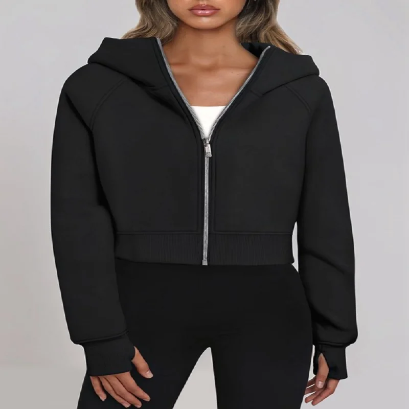 Women's Short Hoodie Jacket Long Sleeved Zipper Warm Coats Solid Color Casual Sweatshirts 2025 Autumn Winter Outerwears