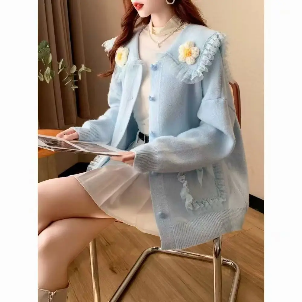 3D Flower Peter Pan Collar Packets Bow Lace Cardigan Sweaters Women Pullover 2025 Autumn Winter New Loose Knitted Sweater Tops