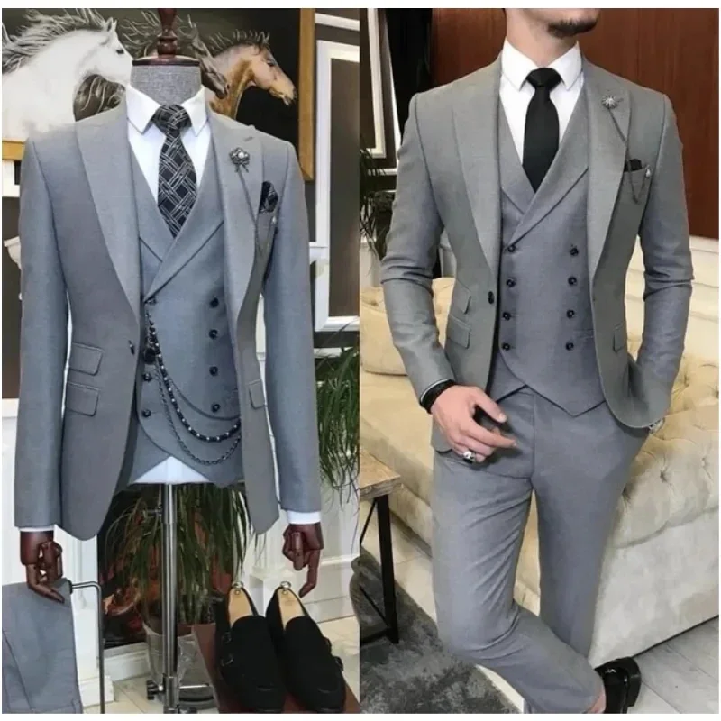 Formal Khaki Men's Slim Fit Suits 3 Pieces Wedding Groom Prom Terno Masculino Custom Blazer Jacket Vest Pant Sets Men Suits