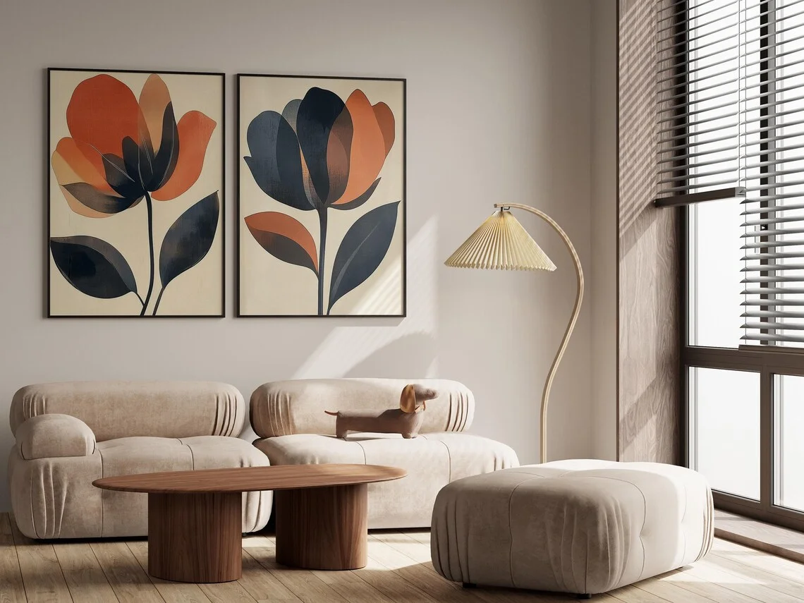 Flower Wall Art Print, Set of Two Decor Paintings, Navy Orange Posters, Abstract Botanical Artwork for Living Room Bedroom