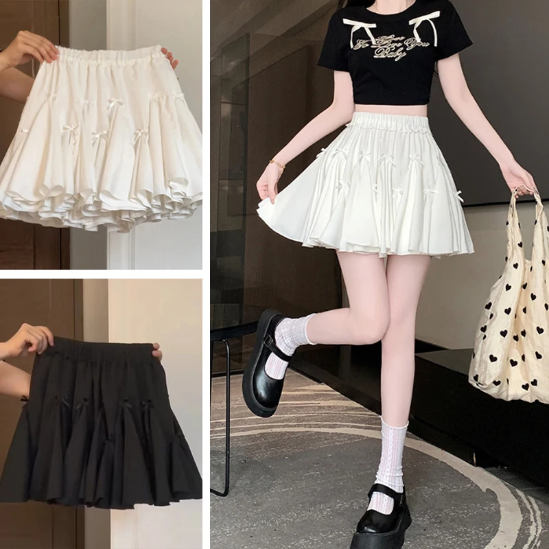 Women High Waist Skirt Mini Bowknot Ruffles Y2K A-Line Skirts Short Fairy Lolita Puffy Skirt Sweet Ballet Style Skirts