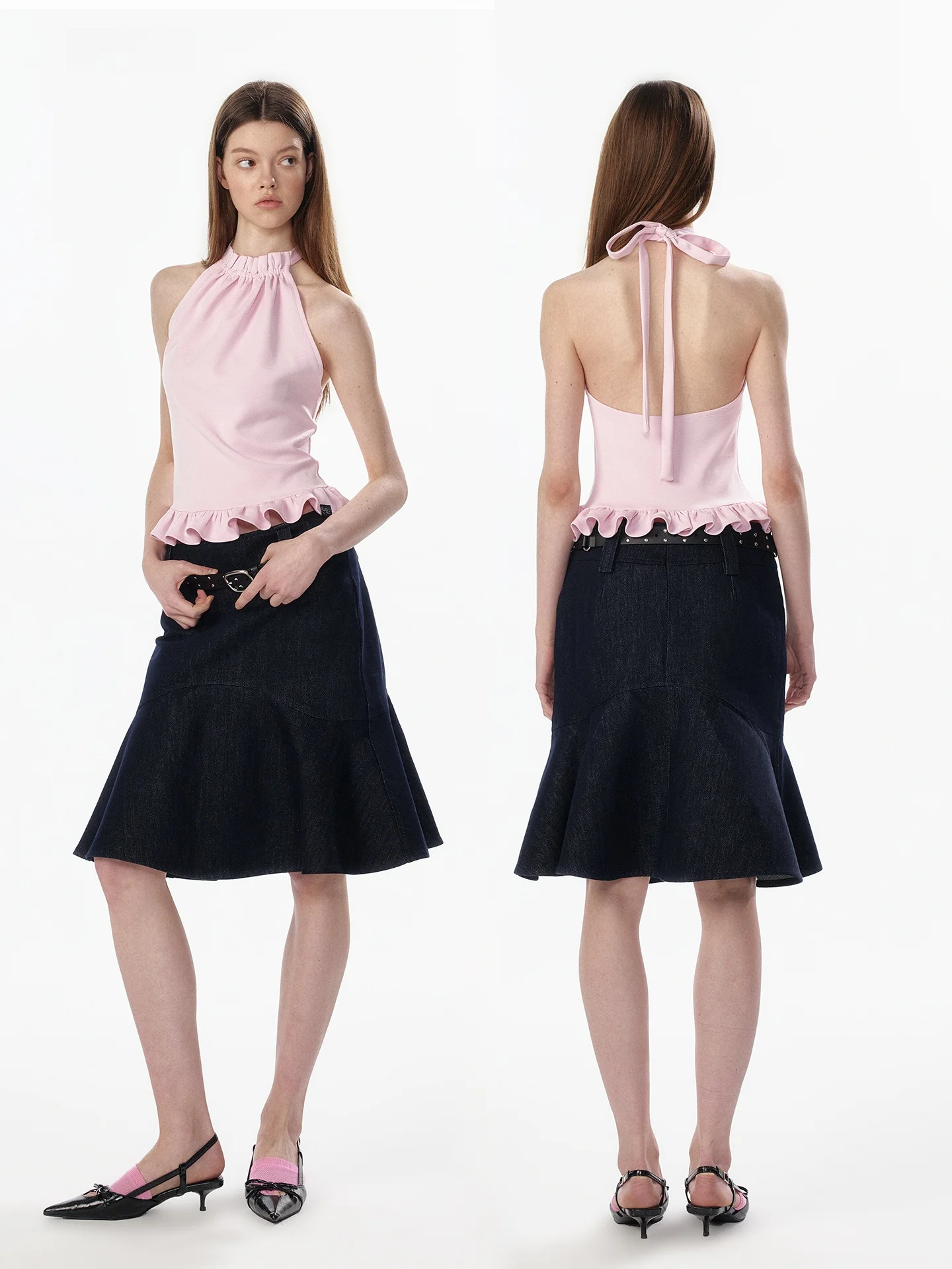ALINNV Fashionable Waist-Cinching Sleeveless Neck Hanging Backless Top Women's New Style Summer Commute Sexy Shirt Wood Grain...