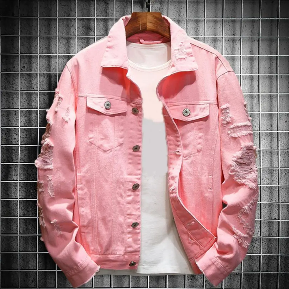 New 2024 Men's Fashion Jeans Jacket Solid Spring Autumn Cotton Denim Jacket Men White Black Pink Ripped Hole Jean Coats Male 11 See082b8dbc0e42a9899770c755373f2c7