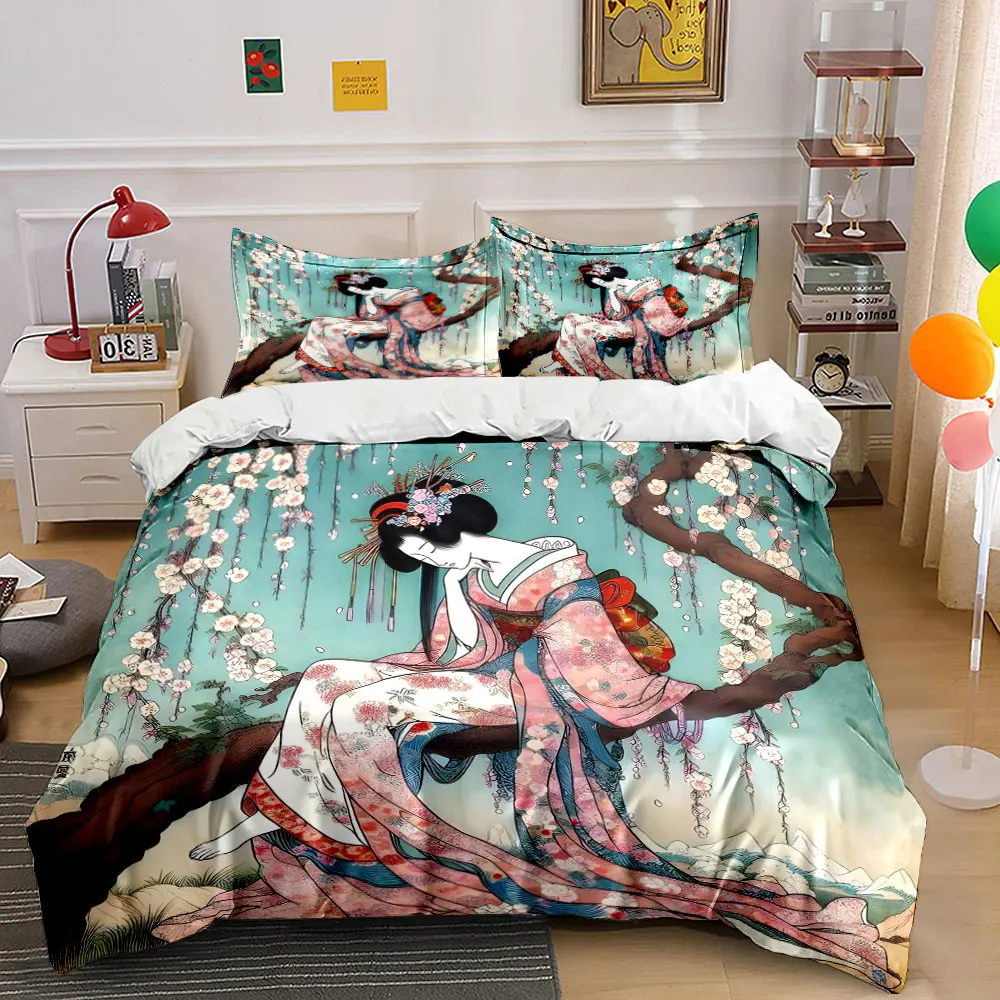 Woman in Kimono under Cherry Tree Print Bedding Set 1 Duvet Cover 2 Pillowcases for Adult and Children Luxury Gift Full Size
