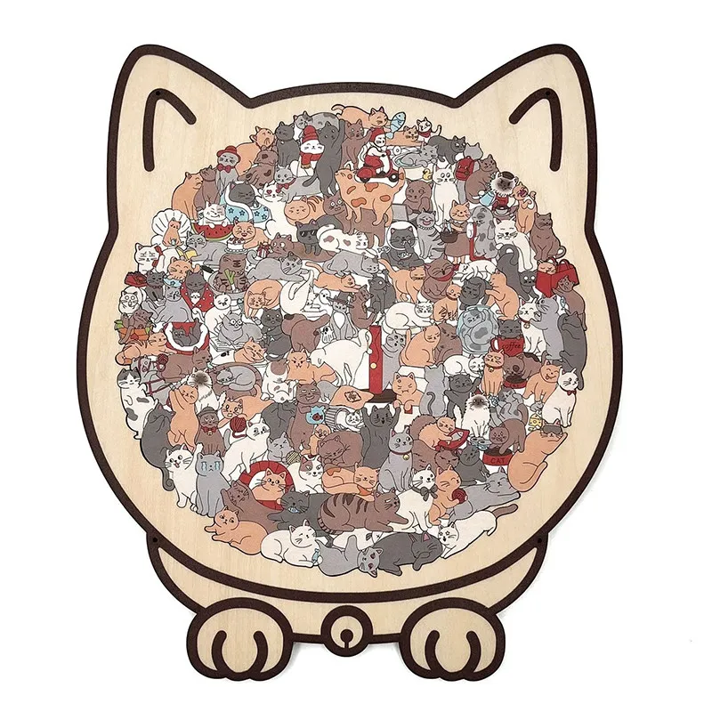 Qikuang Jipan Puzzle - 135 Pieces - Difficultly-shaped Wooden Frame Gift - Marmorini Color Cat Puzzle