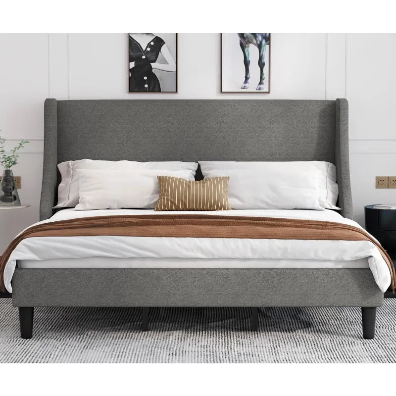 

King Size Bed Frame, Platform Bed Frame with Upholstered Headboard, Modern Deluxe Wingback,Wood Slat Support,Mattress Foundation