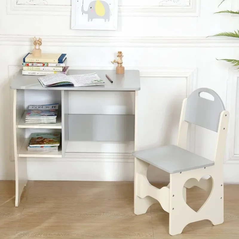 Escritorio de madera con estante de almacenamiento para niños, mesa de estudio escolar, mesa de escritura para uso escolar en el hogar, gris y Beige