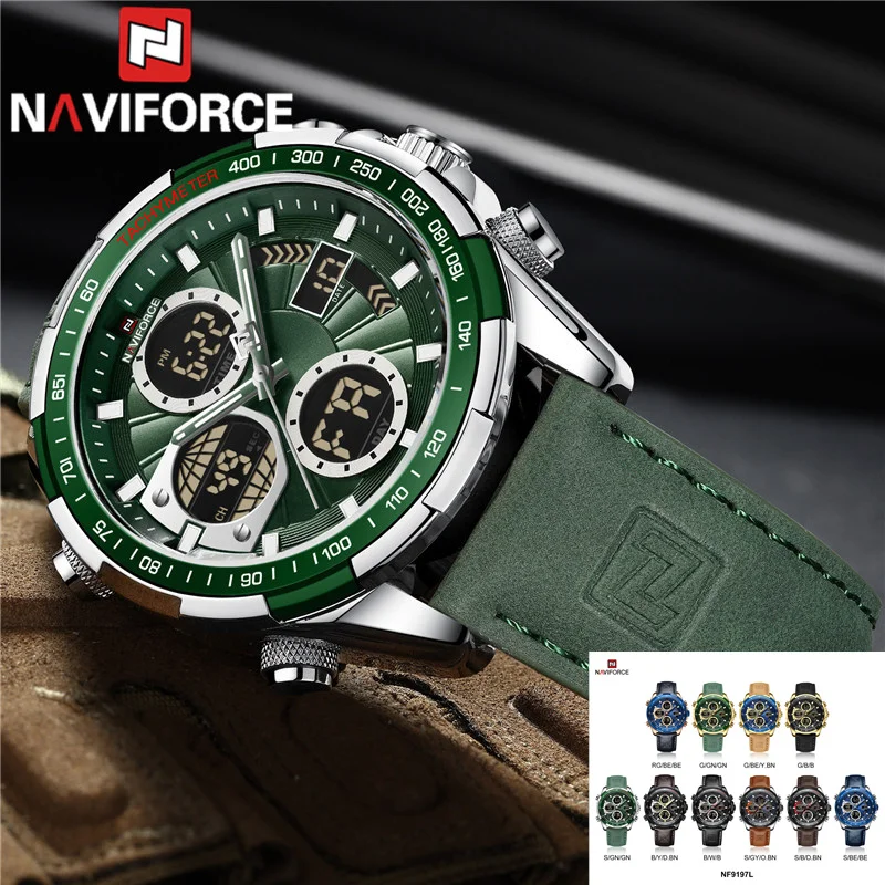 NAVIFORCE Top Brand Luxury Men Watch Quartz Digital Male Clock Military Sport Original Genuine Leather Business Wristwatch 9197