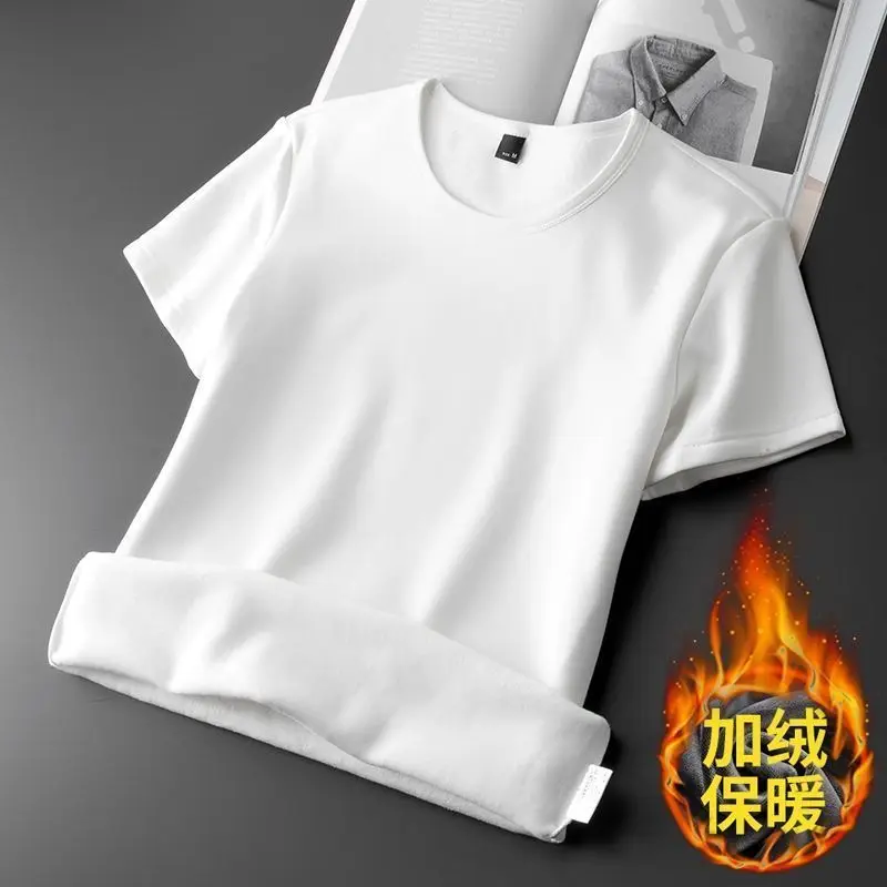 Men Thermal Underwear Tops Fleece Thickened short Sleeve T-Shirt Keep Warm Tees O-neck Solid Bottoming Shirt Thermo Pullover