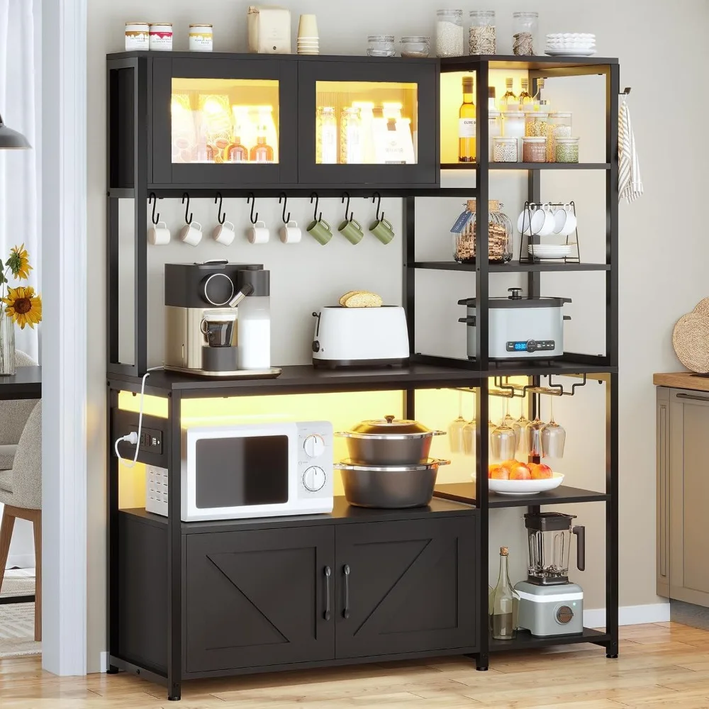 

Rack with Power Outlet and LED Light, 45.3 Inch Farmhouse Coffee Bar Cabinet, Kitchen Microwave Stand with Storage,