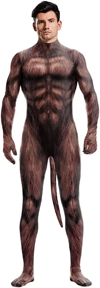 

Men's Animal Bodysuit Costume with Big Tail Print, Spandex Furry Jumpsuit for Halloween Party Cosplay