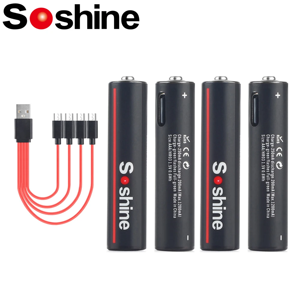 Soshine Aaa 1.5V Lithium Batteries USB 600mWh Li-ion AAA Rechargeable Battery with 4-in-1 USB Cable for Toys Camera Flashlight