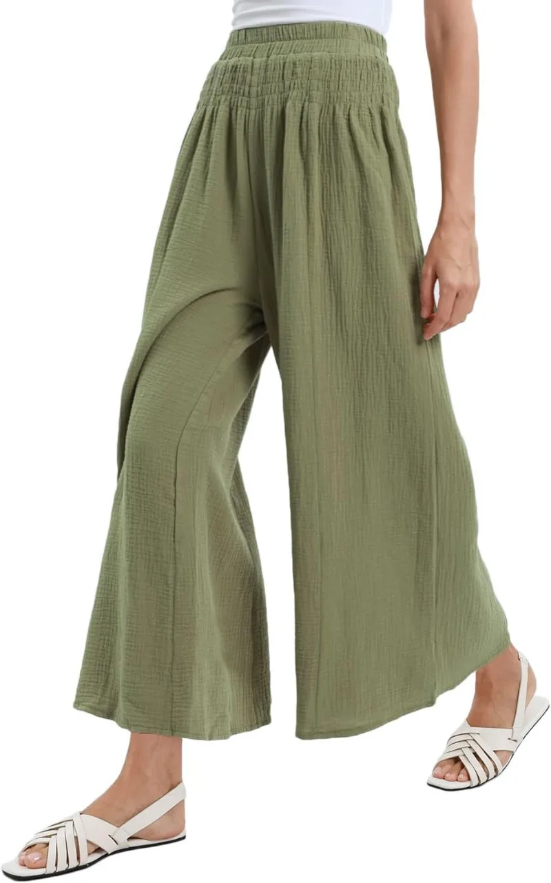 Muslin 100% Cotton Guuze Womens Wide Leg Flowy High Waist Casual Lounge Yoga Pants for Summer Loose Fashion Streetwear Trousers