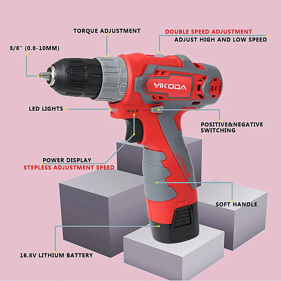 YIKODA 16.8V Electric Drill Rechargeable Lithium Battery Two Speed Cordless Screwdrivers Parafusadeira Power Tools