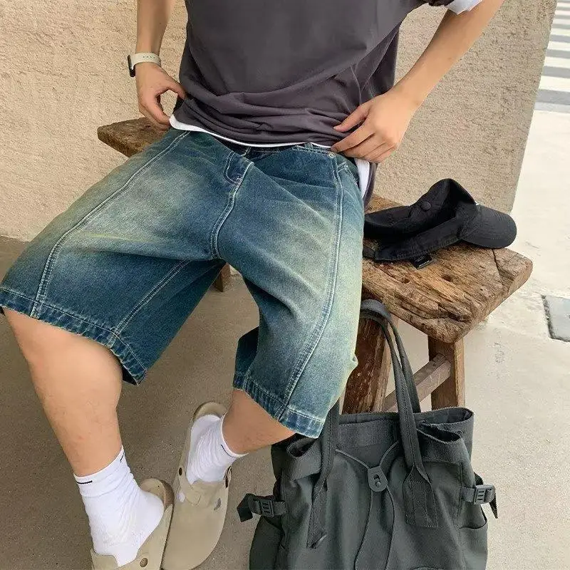

Summer and autumn American style Vibe retro washed vintage denim high street design loose straight cut five quarter shorts men