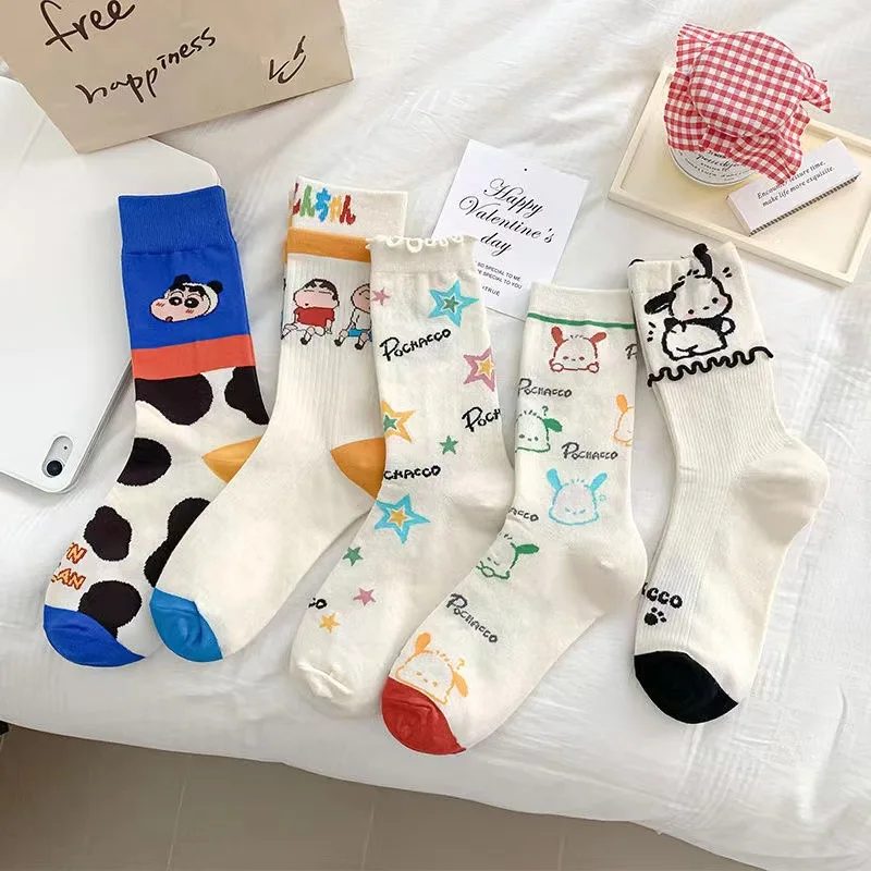 5 pares para Shin-chan conjuntos de calcetines de mujer Retro de poliéster de algodón de tubo bajo calcetines de mujer transpirables estilo japonés Casual calcetín a media pantorrilla