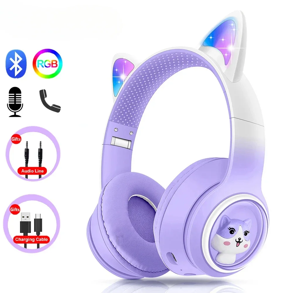 Gradient Cat Ear Headphones RGB Wireless Headphones Girls Kids Headset with Microphone Stereo Music Bluetooth Headsets Gifts