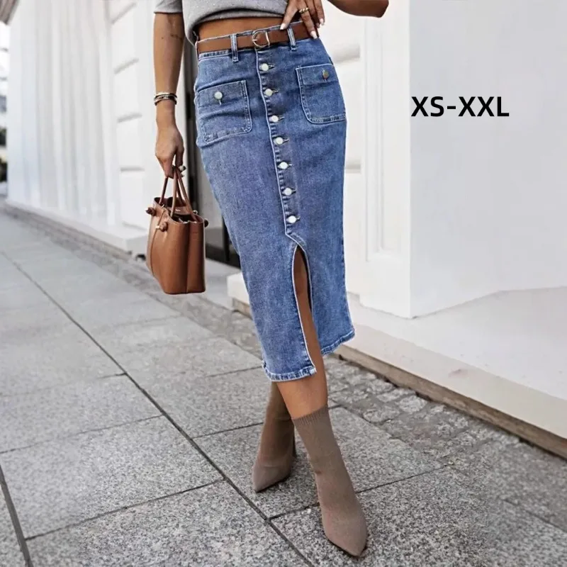Spring Autumn Plus Size Women Denim Midi Skirt M L XL XXL Multi‑Color Button Front High Waist Stretch Casual Long Skirt Ladies