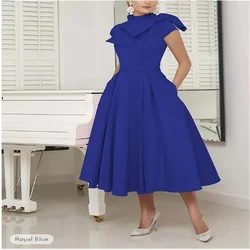 Royal Blue Female Evening Dresses Hight Neck Elegant Woman Party Dress Ankal Lenght Summer Dresses For Women 2024 with Bow