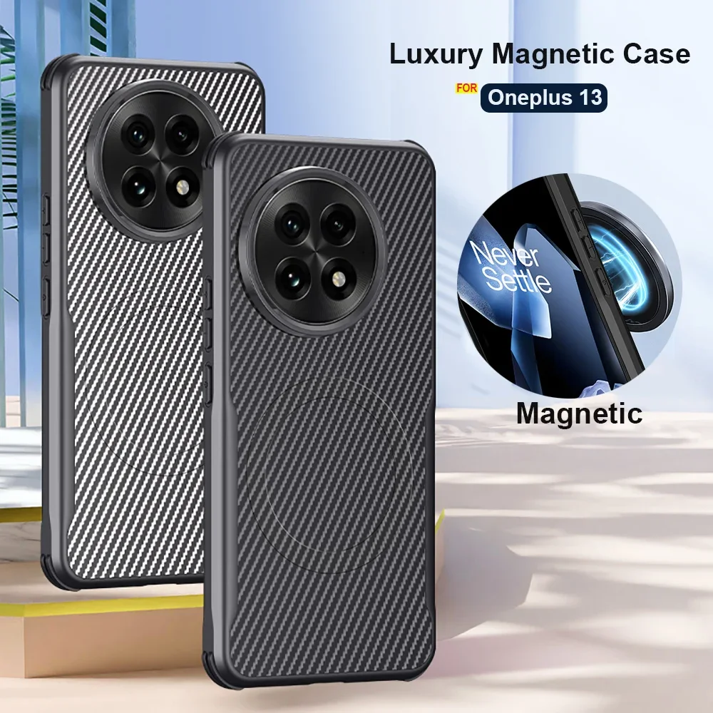 Luxus Carbon Fiber Texture Stoßfest Telefon Fall Für OnePlus 13 13 5G Magnetische Drahtlose Ladung Anti-Drop schutz Abdeckung Funda
