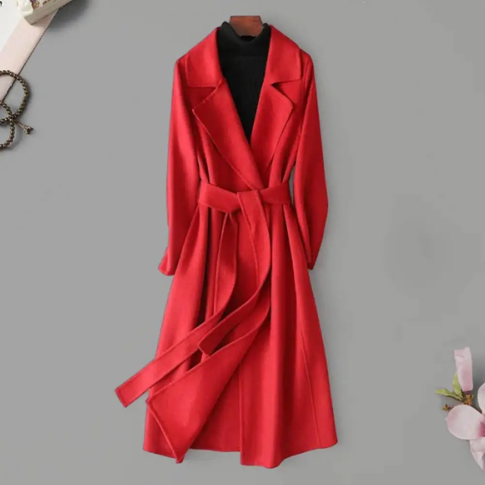 

Women Autumn Winter Woolen Coat Lapel Long Sleeve Slim Fit Coat with Belt Solid Color Mid-calf Length Overcoat