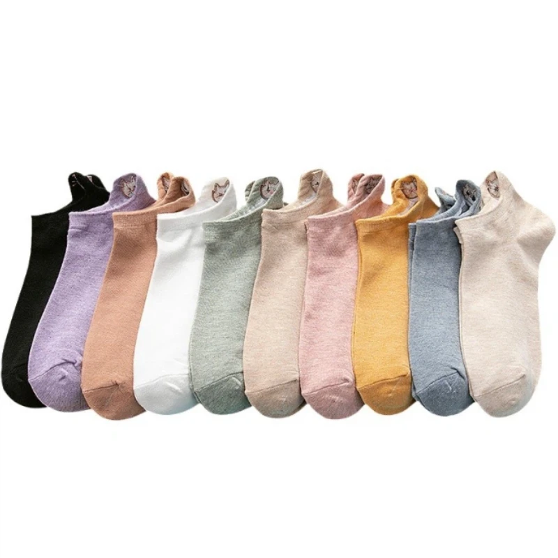 5/10 Pairs Women Short Socks Cartoon Embroidery Cat Funny Fashion Breathable No-Show Low Cut Soft Casual Female Boat Ankle Socks
